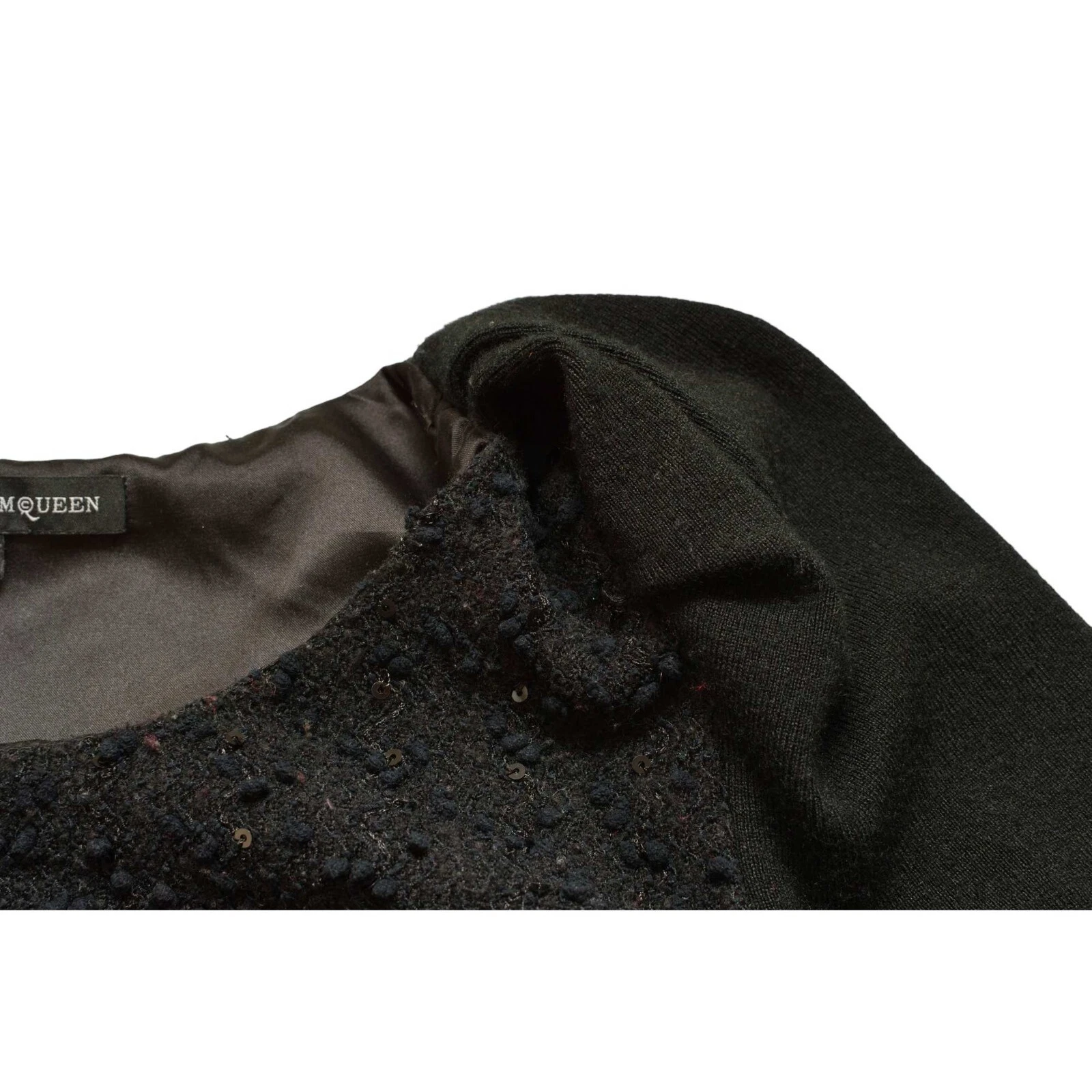 Mini abito Alexander McQueen nero maglia paillettes maniche lunghe taglia 38 con fiocco