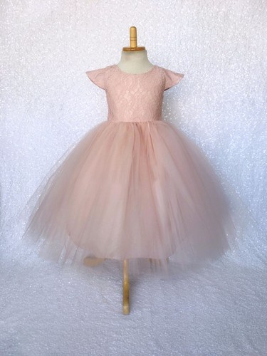 Rustic Pink Blush Cap Sleeve French Lace 3 Layer Tulle Junior Gown 2 4 6 8 10 12 - Picture 7 of 18