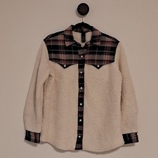 Wrangler Shirt Womens Small White Plaid Retro Shacket Sherpa Jacket Pearl Snap