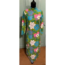 Vintage 60s Handmade Maxi Dress Psychedelic Florals Green