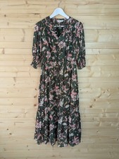 &S Per Una Green Floral Midi Dress Size 12 Boho Ruffle Tiered Puff Sleeve Boho