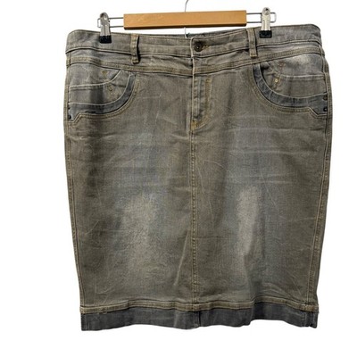 Apriori  Grey Denim Pencil Skirt W/ Distressed Waistband Stretch Sz 16