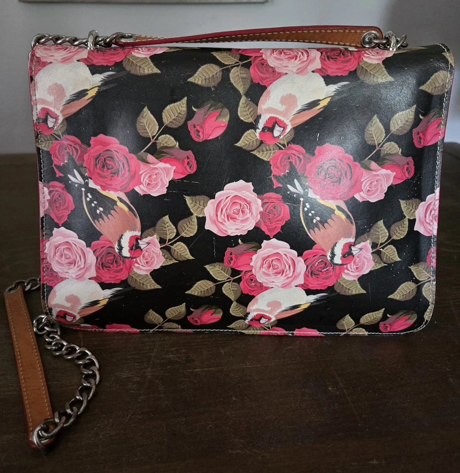 Bandolera Cavalcanti Italiana Cuero Rojo Rosa Rojo Petirrojo Floral. Nuevo sin etiquetas Foto 4 de 4