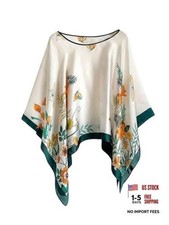 Women's Floral Crew Neck Poncho Shrug Asymmetrical One Size White and Green