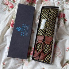 Vintage Brooks Brothers Indigo Silk Suspenders Geometric Leather Button Ends