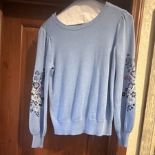 LOFT Women's M Blue Floral Embroidered Crew Neck Pullover Sweater Long Sleeve