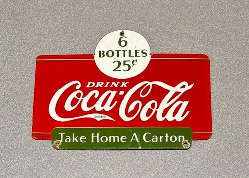 VINTAGE 12” 1937 COKE COLA PORCELAIN SIGN GAS OIL TRUCK MOTORCYCLE