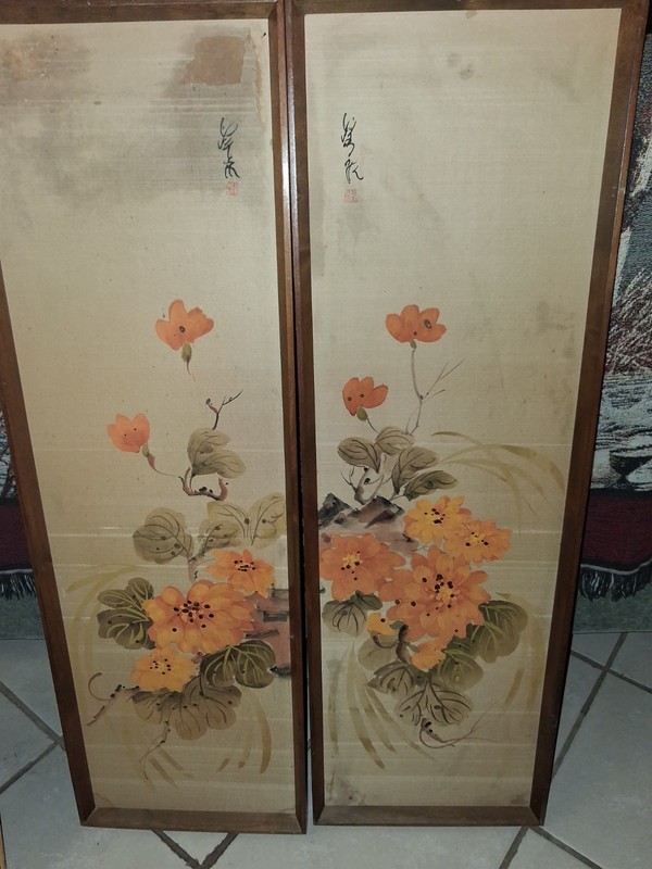 Antiqe Japanese Floral Silk Hand-Painted Framed Art Pair, Orange Green Brown Bei