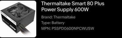 Thermaltake Smart 80 Plus Power Supply 600W