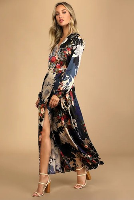 #ad Lulu#x27;s NWOT Put on a Smile Blue Floral Print Satin Wrap Maxi Dress Size M Boho $30.00