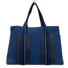 Auth HERMES Troca Horizontal MM - Blue Black Light Blue Canvas Leather Tote Bag