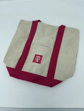 T-MOBILE Mini Canvas Tote Bag in Cream and Magenta with Pocket 12.75 x 10.5 New