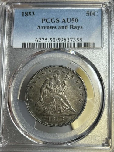 1853 Seated Liberty Half Dollar Arrows and Rays 50c PCGS AU50