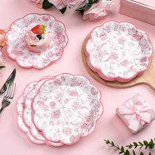 100 Pcs Pink Floral Paper Plates Disposable Dessert Baby Bridal Shower Party Sup