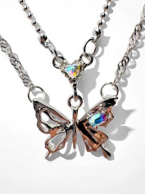 Butterfly Silver Crystal Necklace Pendant Y2K Punk Grunge Cute Heart Chain