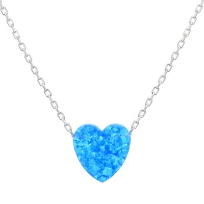 Created Blue Opal Herz Anhänger in 925 Sterling Silber an 18 Zoll Kabelkette