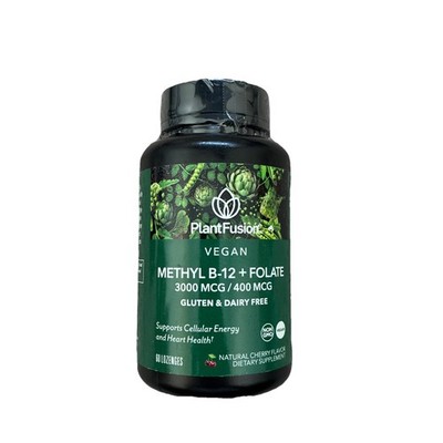 PlantFusion Vegan Methyl B-12 Plus Folate 60 Lozenges 3000 MCG/400 MCG Ex. 12/27