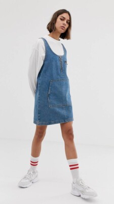 collusion denim dress COLLUSION denim mini dress with buckle details in rinse wash