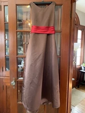 Bill Levkoff Maxi Gown Size 14 Junior Brown Satin With Red Tie Accent Waist Line