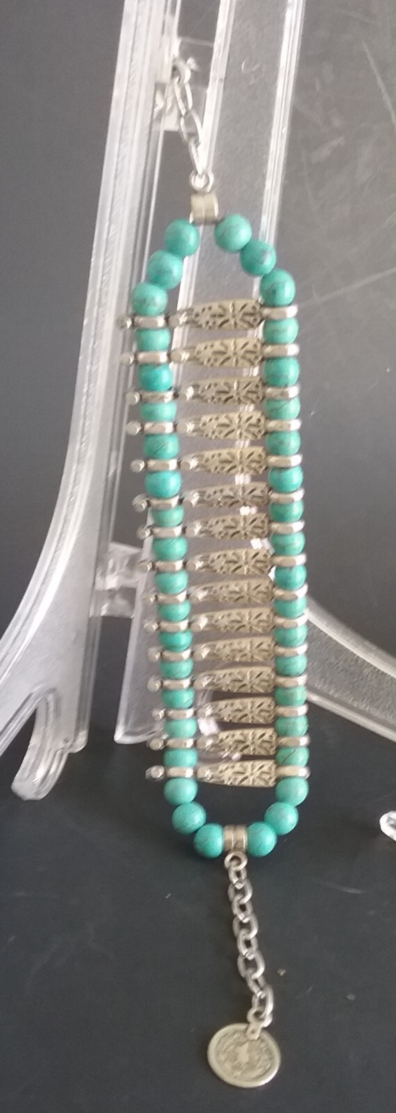 Silvertone Turquoise Beaded Bracelet - image 4