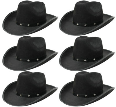 6er PACK SCHWARZE COWBOYHÜTE STERN NIETEN KOSTÜM JUNGGESELLINNENABSCHIED PAKET 