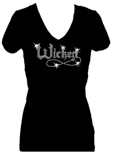 WICKED HALLOWEEN HOLIDAY ALL RHINESTONE BLING  VNECK SHORT SLEEVE TEE SHIRT - Picture 1 of 2