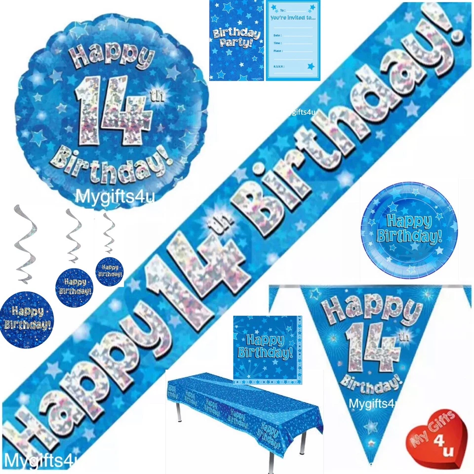 Blue 14th & Happy Birthday Party Decorations Bunting Banners Balloons swirls Age