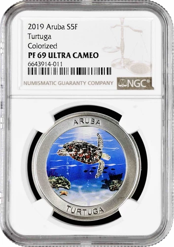 Aruba 5 florin 2019, NGC PF69 UC, "Turtuga"