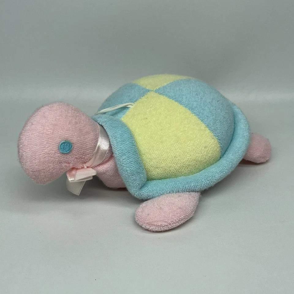 Vtg Commonwealth Terry Cloth Turtle Plush Rattle Baby Pink Yellow Aqua - Image 2 of 4
