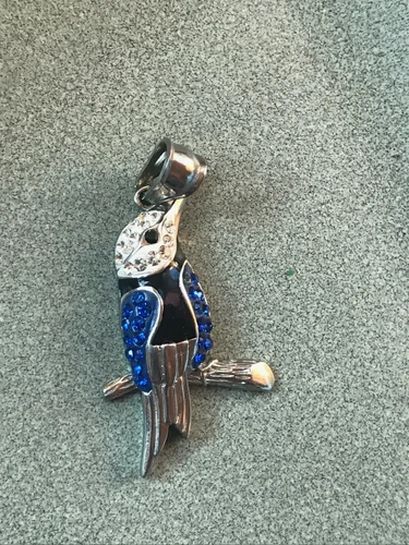 Estate Black Enamel & Silvertone w Blue & White Rhinestones Kingfisher Bird Pend - product listing photo
