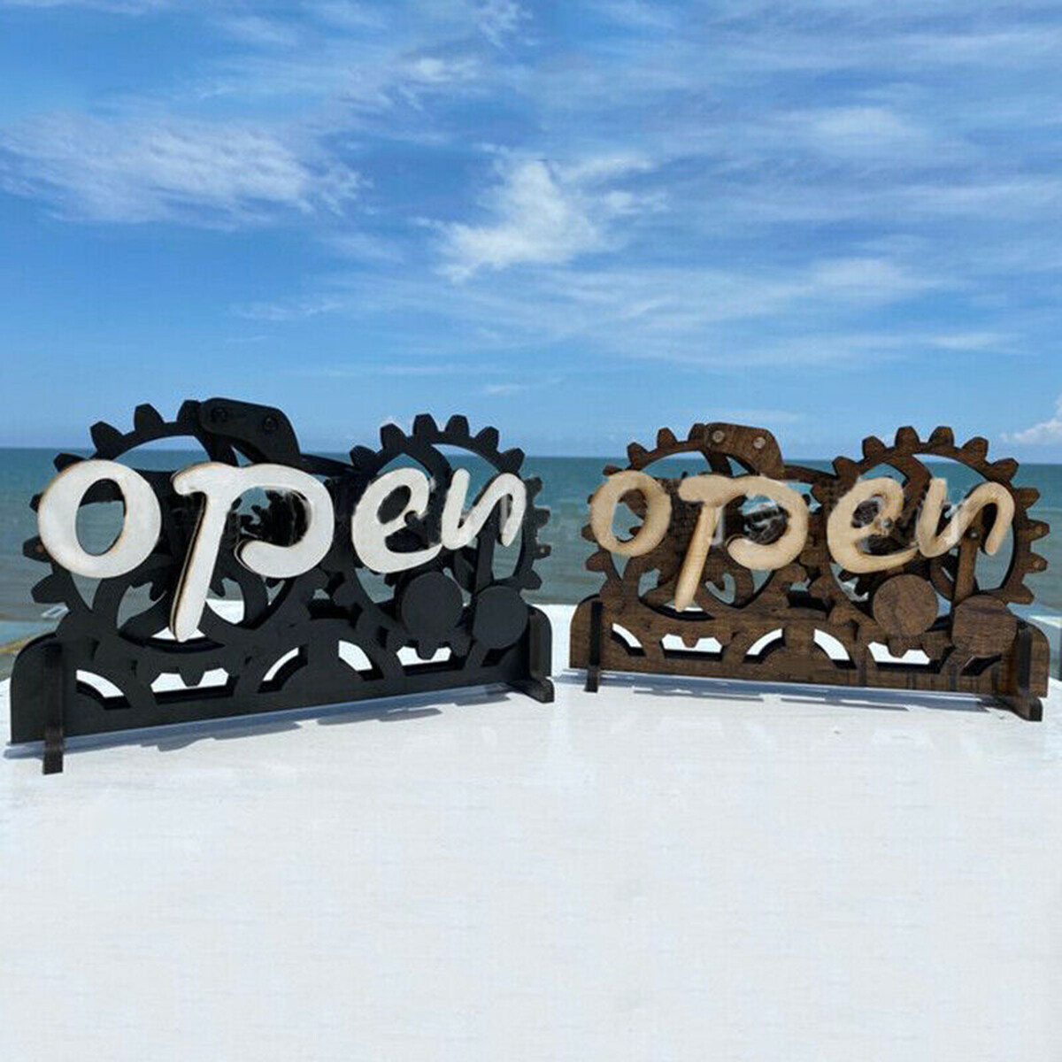 open＆closed表札オブジェ Open Closed Sign Board Wooden Gear Mechanism Convertible open