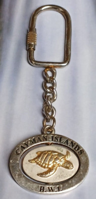 Cayman Island Gold & Silver Tone Key Chain with Rotating Turtle Designed Center