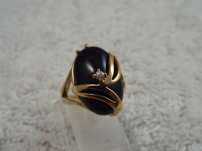 SETA Goldtone Rhinestone Black Onyx Stone Ring ~ Size 7 (D26)