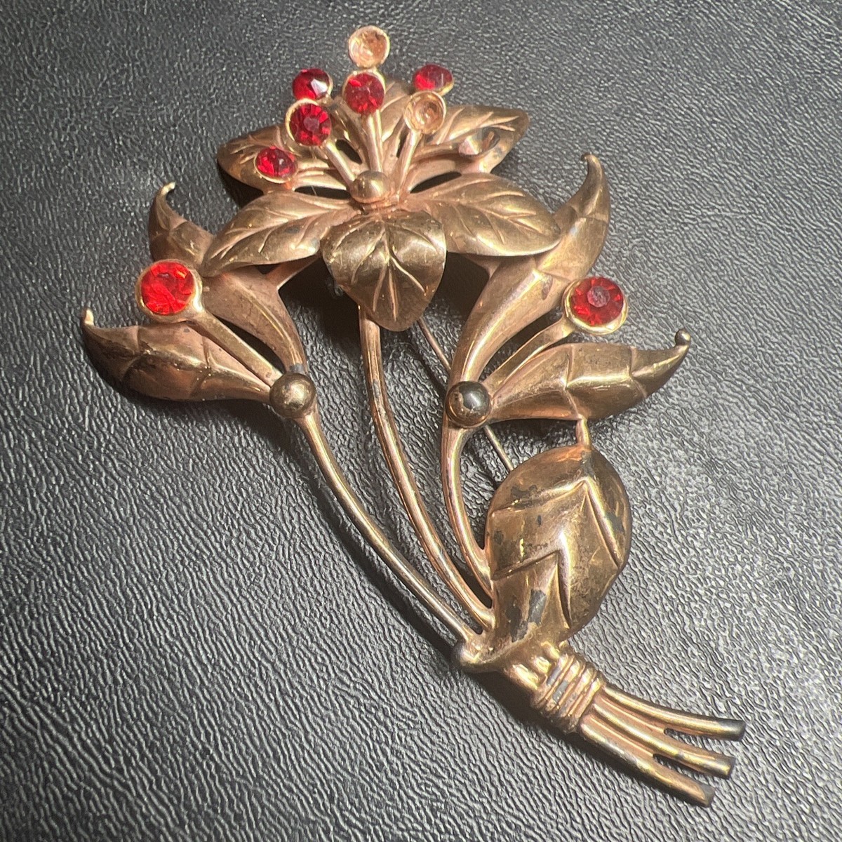 ローズページ ANTIQUE ROSE GOLD STERLING FLOWER BROOCH WITH FAUX RED Gems 4” | eBay