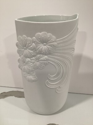 Kaiser Germany White Bisque Porcelain Flower Vase Contemporary Floral Relief