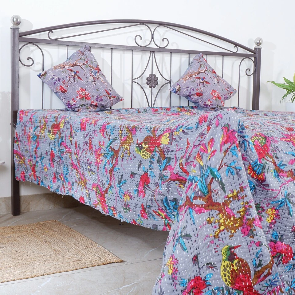 Ручной работы хлопок птица печати Kantha лоскутное одеяло покрывало плед королевский размер постельное белье - Изображение 4 из 4