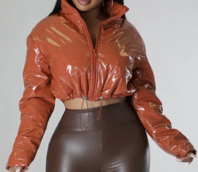 Daisy Womens Caramel Brown Puffer Shiny PU Coat Cropped Brown Winter Coat Sz Sml