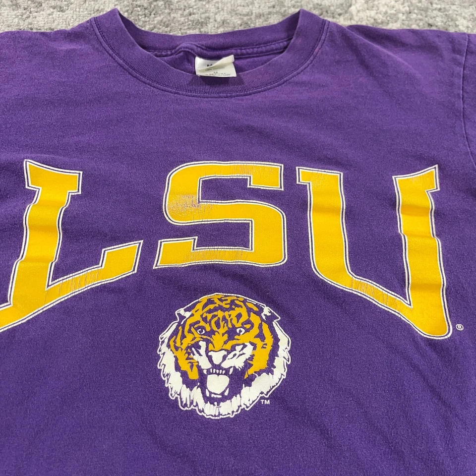 LSU Tiger Shirt Mens Medium Purple Crew Neck Spellout Logo Made In USA MJ Soffe - Image 2 of 4