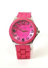 NEW GENEVA FUCHSIA PINK SILICONE WRAPPED METAL CHRONOGRAPH WATCH