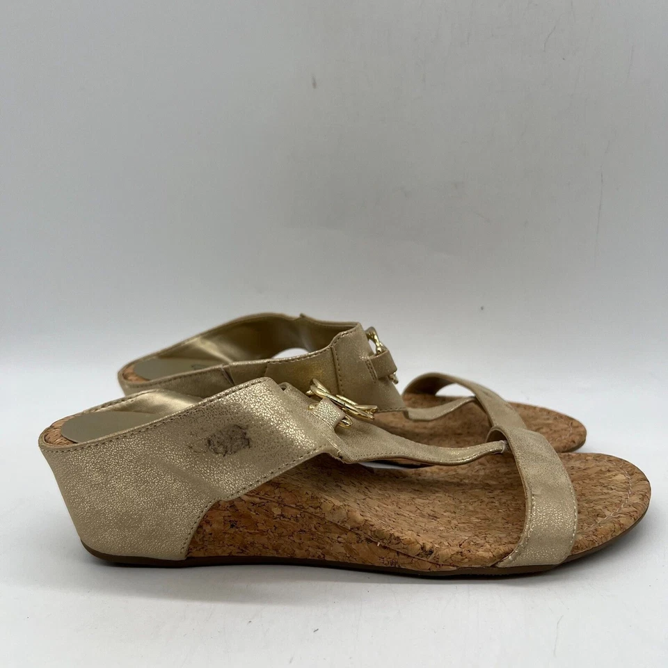 Impo Gwyneth Women's Gold Leather Open Toe Wedge Heels Slip On Slide Sandal Sz 8 - Image 2 of 4