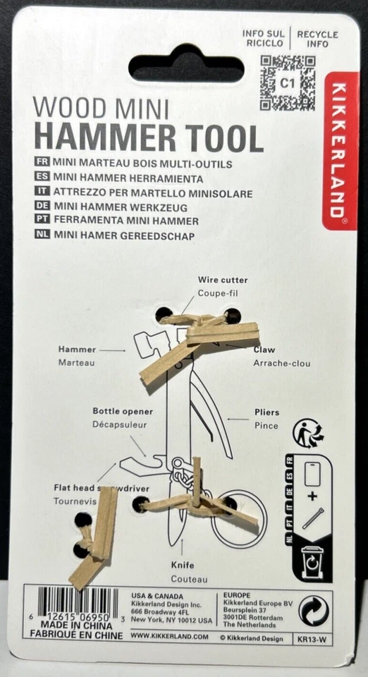 Kikkerland Wood Mini Hammer Tool 7-in-1 Multi Tool Mini Hammer KR13-W NEW - Image 2 of 4