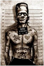 Lowbrow Art Franky Mugshot Tattooed Frankenstein Fine Sepia Print Lithograph NWT