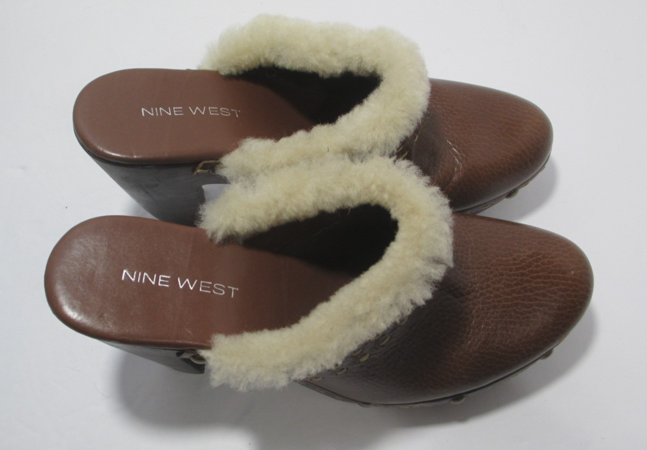 SAOLA Zoccoli Nine West Sherpa Mules donna 7 5M pelle marrone suola legno