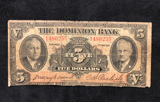 1935 THE DOMINION BANK $5 DOLLARS BANKNOTE TRIMMED 1480255