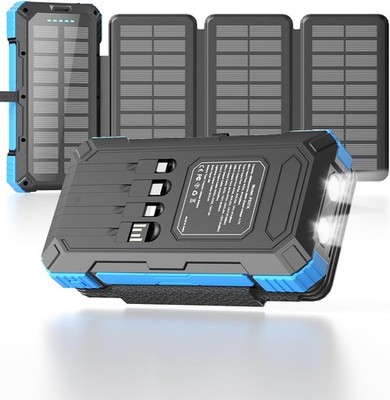 Solar Charger Power Bank 49800Mah with 4 Built-In Cables & 3 Foldable Panels, PD