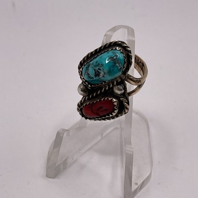 VINTAGE NAVAJO GOLD FILLED TURQOUISE & CORAL RING 1/20TH 12KT CABOCHON SIZE 4.0