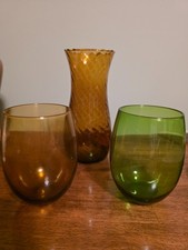 Vintage 3 Pc Glass Set Hecho en Mexico Amber Swirl Vase & Green & Brown Tumblers