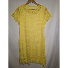 Isaac Mizrahi Womens Yellow Eyelet Knee Length Shift Dress XS Crochet Lace