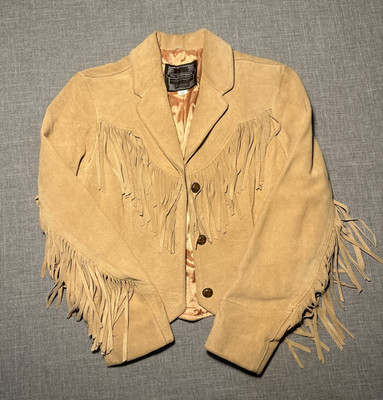 VTG Boho Ms. Pioneer Wear Tan Fringe Suede/Leather Women s Jacket Sz 12 Fits Med