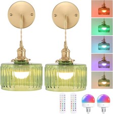 Set of 2 Retro Gold Battery Operated Wall Sconces with Green Striped Shades